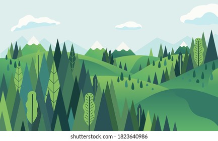 hill landscape with mountainous and forest scenery vector illustration. used for poster, banner, website image and other