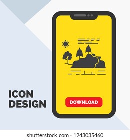 hill, landscape, nature, mountain, rain Glyph Icon in Mobile for Download Page. Yellow Background