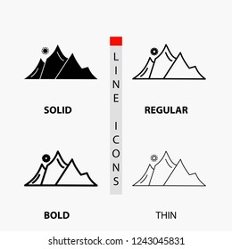 hill, landscape, nature, mountain, sun Icon in Thin, Regular, Bold Line and Glyph Style. Vector illustration