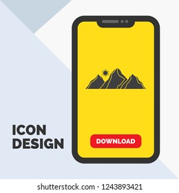 hill, landscape, nature, mountain, sun Glyph Icon in Mobile for Download Page. Yellow Background