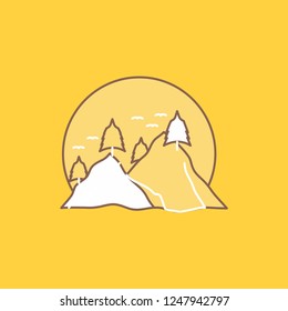 hill, landscape, nature, mountain, sun Flat Line Filled Icon. Beautiful Logo button over yellow background for UI and UX, website or mobile application