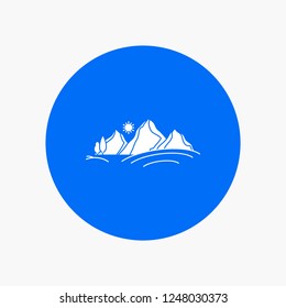hill, landscape, nature, mountain, sun White Glyph Icon in Circle. Vector Button illustration
