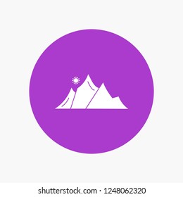 hill, landscape, nature, mountain, sun White Glyph Icon in Circle. Vector Button illustration