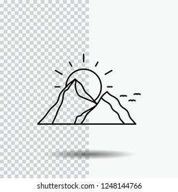 hill, landscape, nature, mountain, sun Line Icon on Transparent Background. Black Icon Vector Illustration