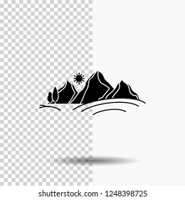 hill, landscape, nature, mountain, sun Glyph Icon on Transparent Background. Black Icon