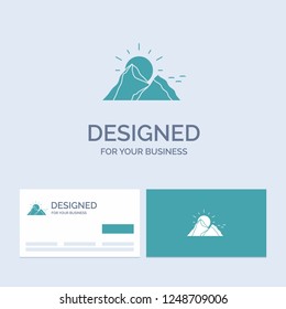 hill, landscape, nature, mountain, sun Business Logo Glyph Icon Symbol for your business. Turquoise Business Cards with Brand logo template.