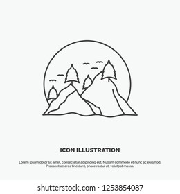 hill, landscape, nature, mountain, sun Icon. Line vector gray symbol for UI and UX, website or mobile application