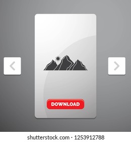 hill, landscape, nature, mountain, sun Glyph Icon in Carousal Pagination Slider Design & Red Download Button