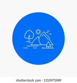 hill, landscape, nature, mountain, sun White Line Icon in Circle background. vector icon illustration