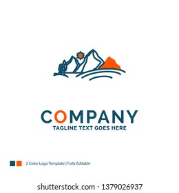 hill, landscape, nature, mountain, sun Logo Design. Blue and Orange Brand Name Design. Place for Tagline. Business Logo template.