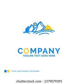 hill, landscape, nature, mountain, sun Blue Yellow Business Logo template. Creative Design Template Place for Tagline.