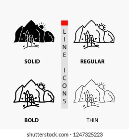 hill, landscape, nature, mountain, tree Icon in Thin, Regular, Bold Line and Glyph Style. Vector illustration