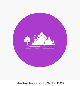 hill, landscape, nature, mountain, tree White Glyph Icon in Circle. Vector Button illustration