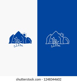 hill, landscape, nature, mountain, tree Line and Glyph web Button in Blue color Vertical Banner for UI and UX, website or mobile application