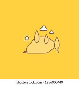 hill, landscape, nature, mountain, tree Flat Line Filled Icon. Beautiful Logo button over yellow background for UI and UX, website or mobile application
