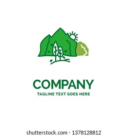 hill, landscape, nature, mountain, tree Flat Business Logo template. Creative Green Brand Name Design.