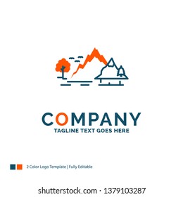 hill, landscape, nature, mountain, tree Logo Design. Blue and Orange Brand Name Design. Place for Tagline. Business Logo template.