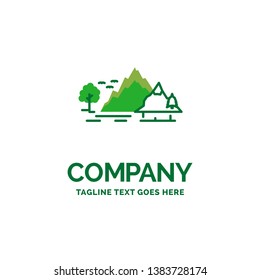 hill, landscape, nature, mountain, tree Flat Business Logo template. Creative Green Brand Name Design.