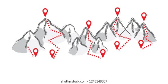 Hill Location. Mountain Landscape, Tracking, Pin Point Map, Street, Direction, Pointer, Track, Trail Route. Summer Or Winter Sport. Outdoor Travel, Holliday Map. Hiker To The Top. Sport Target Icon