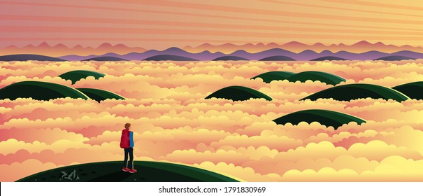 The hill in the morning with a beautiful mist With golden sunshine