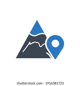 Colina, icono de la montaña. Ubicación de la colina, icono de ubicación de montaña. seguimiento de colina, pin, gps, mapa, calle, icono de dirección con ilustración vectorial, estilo plano, dos colores, círculo de color, forma negra y línea.