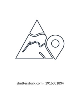 Colina, icono de la montaña. Ubicación de la colina, icono de ubicación de montaña. seguimiento de colina, pin, gps, mapa, calle, icono de dirección con ilustración vectorial, estilo plano, dos colores, círculo de color, forma negra y línea.