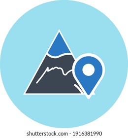 Hill, Mountain icon. Hill location, mountain location icon. hill tracking, pin, gps, map, street, direction icon with vector illustration, flat style, two color, color circle, black shape and line.