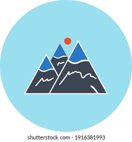 Hill, Mountain icon. Hill location, mountain location icon. hill tracking, pin, gps, map, street, direction icon with vector illustration, flat style, two color, color circle, black shape and line.