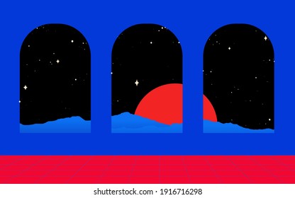 Hill and mountain landscape with cloud and big moon in night time, view from arc windows, high contrast two tone red and blue theme vintage vibe
