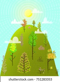 Hill or Mountain Summer with Trees Forest. Colorful scenery season landscape background. Vector illustration.