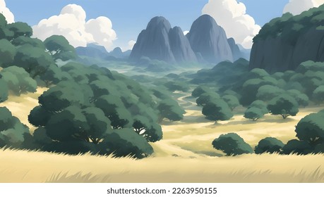 Hill and Mountains Nature Scenery During The Day Detailed Hand Drawn Painting Illustration