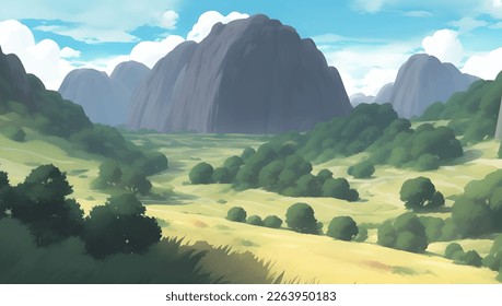 Hill and Mountains Nature Scenery During The Day Detailed Hand Drawn Painting Illustration