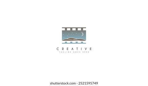 Hill movie with film strip logo design vector illustration.