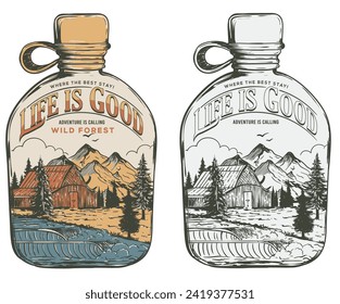 Hill peak adventure vintage print design. Adventure is calling. Army water bottle. Explore the great outdoors, vector mountain with sunset. Vintage mountain graphic artwork for t shirt and others.