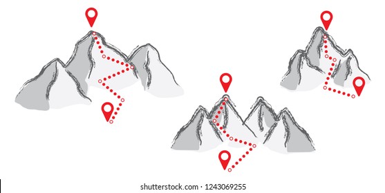 Hill pin location. Mountain landscape, tracking, point map. Navigation direction, pointer, trail route. Summer or winter sport. Outdoor travel, holiday concept. International Mountain Day