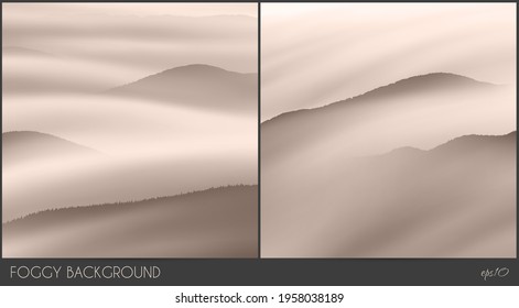 Hill range. Foggy clouds. Mountain in morning fog. Natural landscape