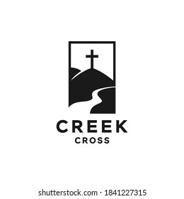 hill and river creek with holy christian cross logo, church of Catholic in nature landscape illustration