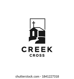 hill and river creek with holy christian cross logo, church of Catholic in nature landscape illustration