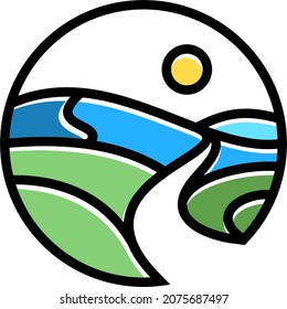 Logo del vector de arte de las colinas y de la línea fluvial.
