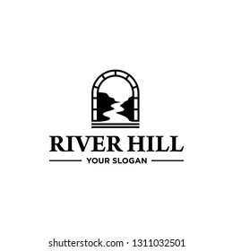 Hill and river logo design. Cliff and river sillhouette. Scenic from window.