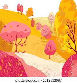 Hill with roadside bushes and dirt road. Autumn park. Hand drawn vector illustration. Lifestyle. Place for relaxation and walks. Textured flat illustration. Template for postcard, poster 