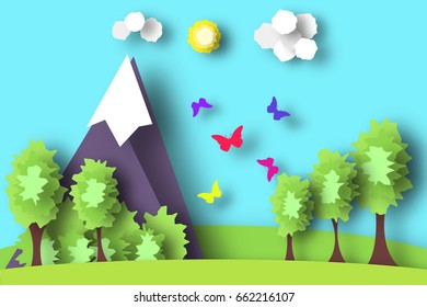 Hill Scene Paper World. Rural Life with Cut, Meadow, Trees, Clouds, Sun. Over the Field Flying Butterflies. Summer Landscape. Cutout Applique. Hanging Elements. Vector Illustrations Art Design.