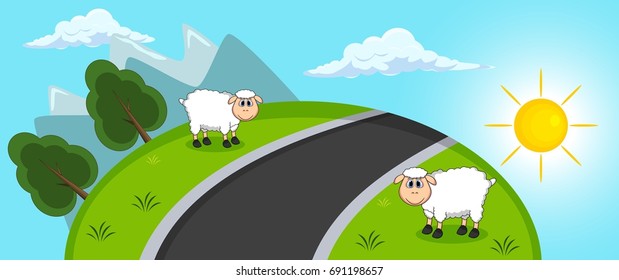 Hill and sheep background cartoon vector illustration