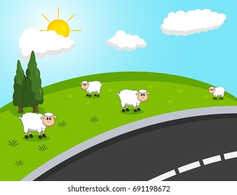 Hill and sheep background cartoon vector illustration