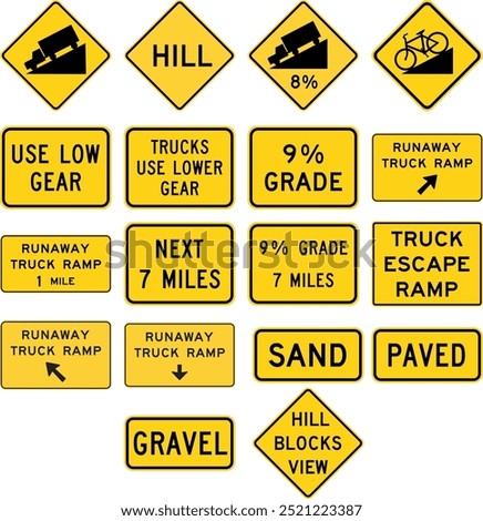 Hill and Steep Grade Warning Signs: Steep Grade Percentages, Truck Escape Ramps, and Low Gear Use. Road signs in the United States.
