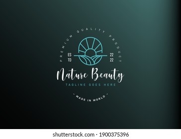 Hill and sun logo design. Vector illustration of abstract hill and sun monoline design. Vintage logo design vector line icon template