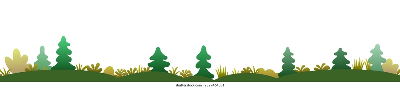 Hill terrain with thickets of trees and shrubs. Landscape autumn nature yellow foliage. End of season. Cartoon fun style. Flat design. Isolated on white background. Seamless illustration. Vector