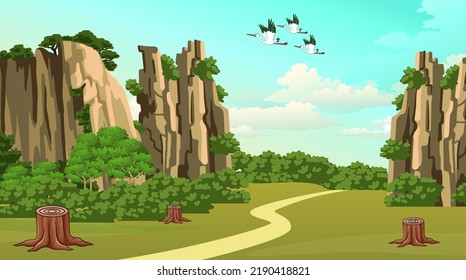 Hill track beside the forest and some birds are flying in the sky nature landscape for cartoon background.