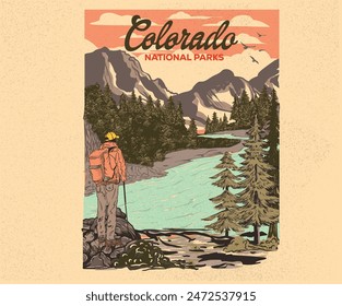 Hill trekking. Mountain adventure vintage print design for t shirt. Wild lake vector artwork design. Explore more. Colorado national park artwork. 