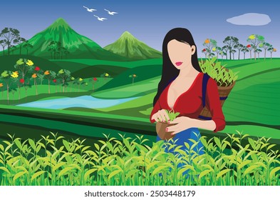 A hill tribe girl is harvesting tea leaves.vector design